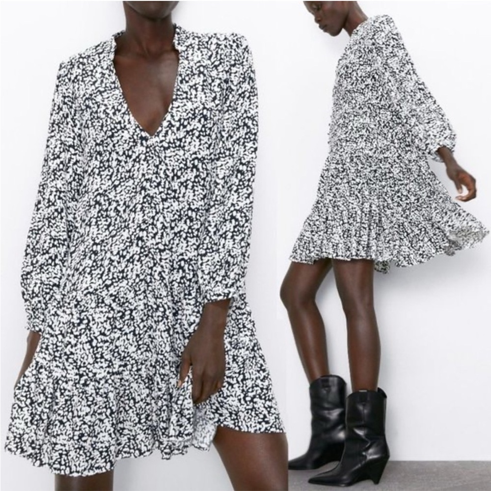 Zara Printed Mini Swing Dress 3/4-sleeve Tiered V-neck Size S